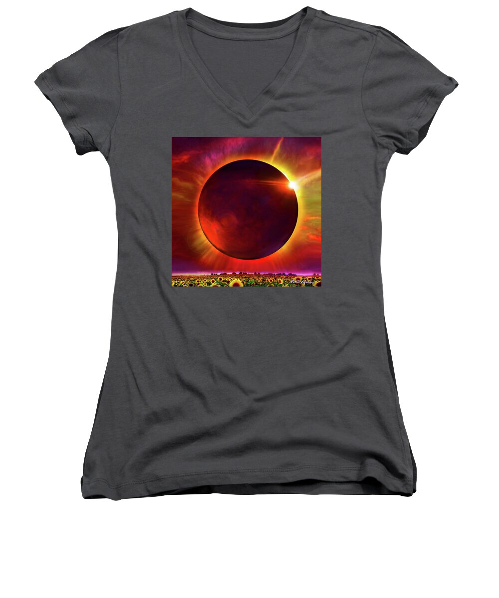 Eclipse Women's V-Neck featuring the digital art Eclipse of the Sunflower by Robin Moline