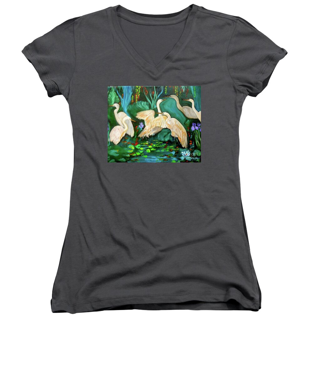 Lotus Women's V-Neck featuring the painting Egrets on Lotus Pond by Jenny Lee