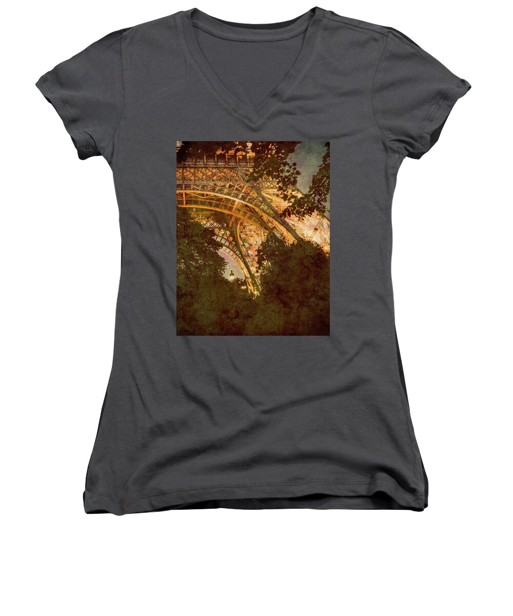 Paris Women's V-Neck featuring the photograph Paris, France - Eiffel Oldplate II by Mark Forte