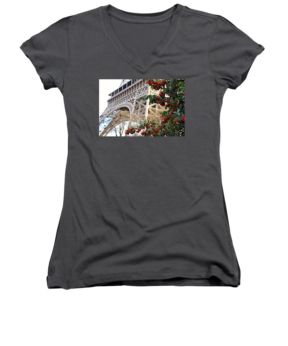 Parisian Women's V-Neck featuring the photograph Eiffel Tower In Winter by KATIE Vigil