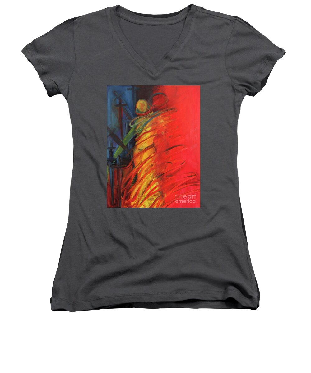 Oil Painting Women's V-Neck featuring the painting Eight of Swords by Daun Soden-Greene