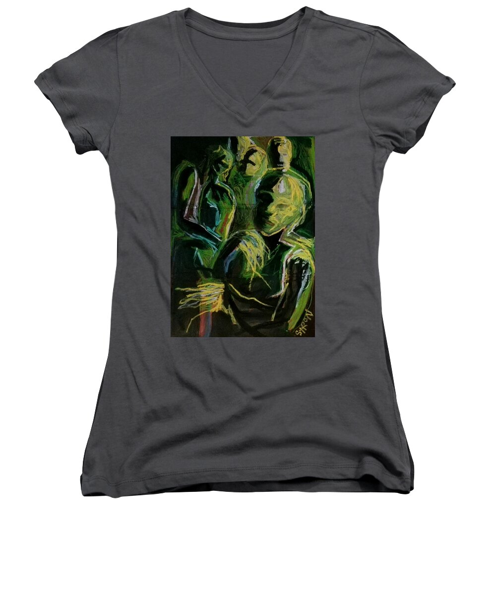 Black Women's V-Neck featuring the drawing Electricity by Helen Syron