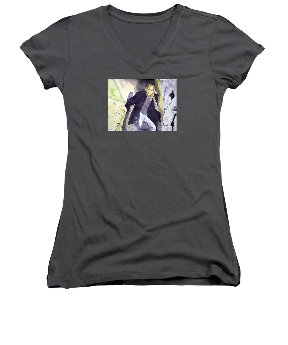  Women's V-Neck featuring the painting Emily the Pirate by Kathleen Barnes