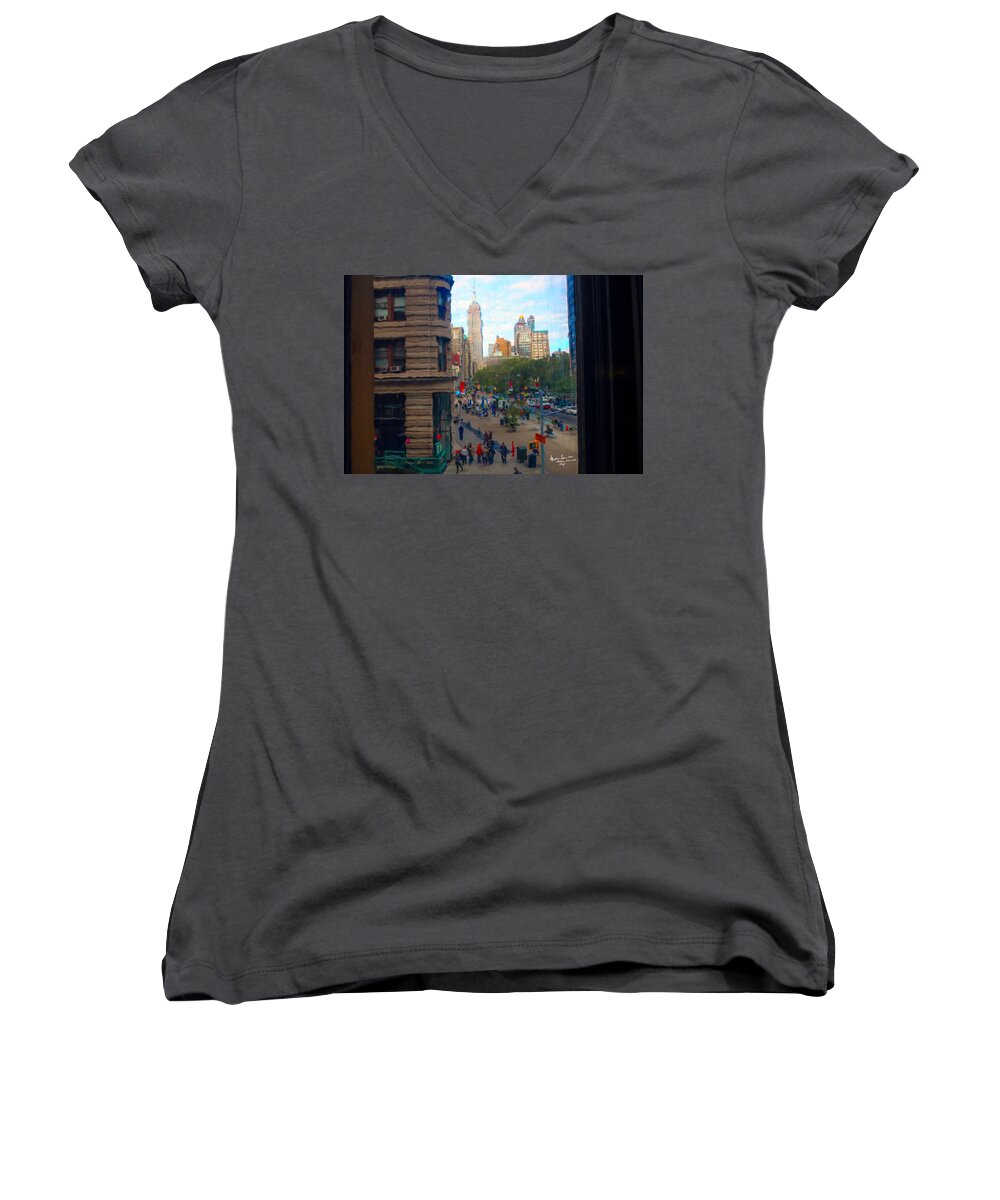 Landmark Women's V-Neck featuring the photograph Empire State Building - Crackled View 2 by Madeline Ellis