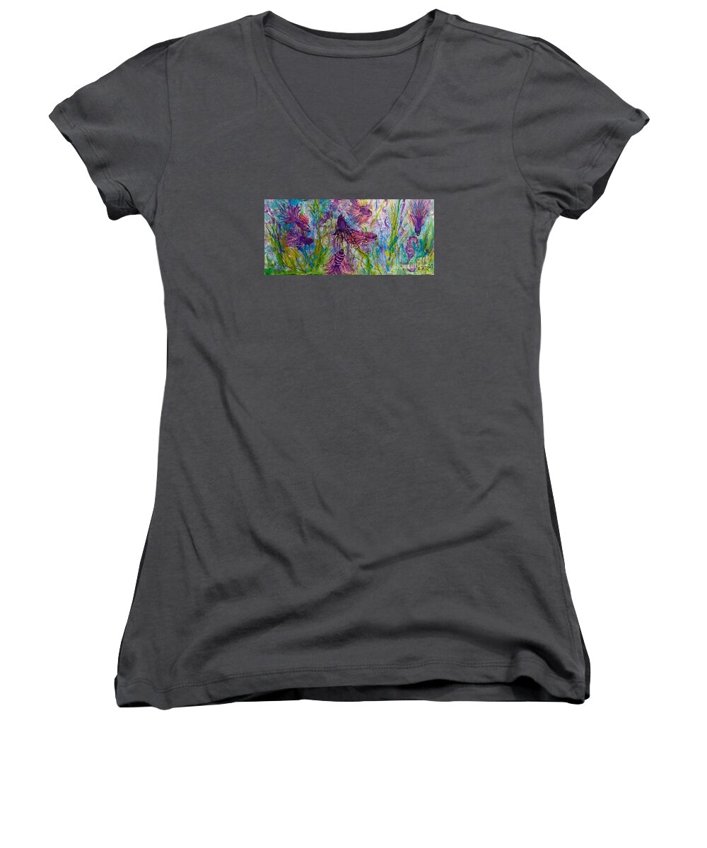 Purple Women's V-Neck featuring the painting Enchanted sealife party by Anne Sands