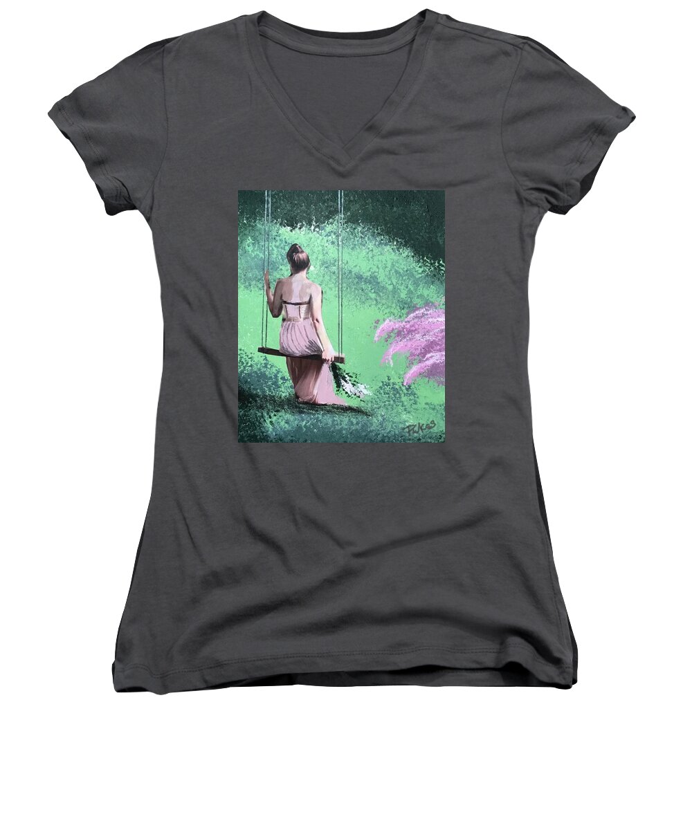 Landscape Art Women's V-Neck featuring the mixed media Enchanted Swing by Serenity Studio Art