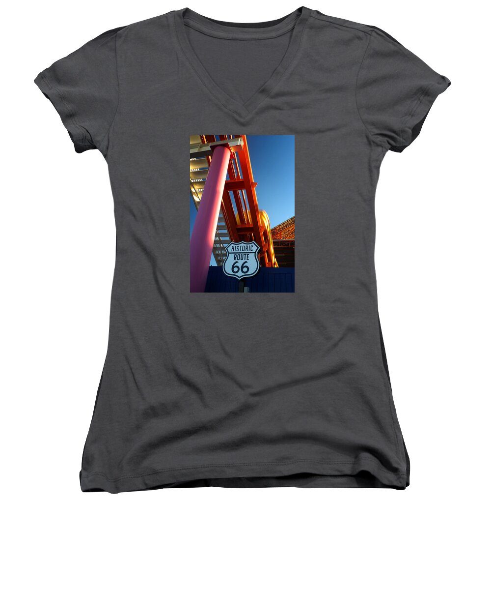 Route 66 Women's V-Neck featuring the photograph End of Route 66 2 by George Taylor