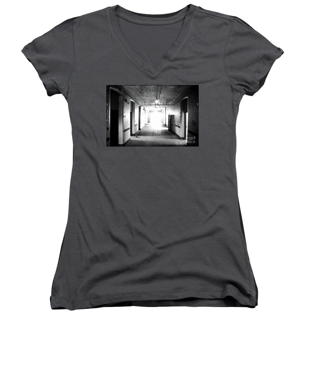 Grand Traverse Asylum Women's V-Neck featuring the photograph End of the Hall by Randall Cogle