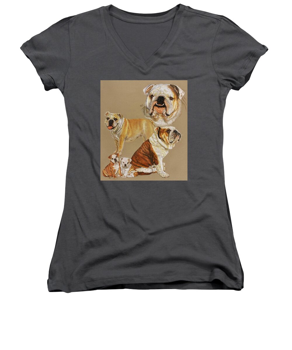 Purebred Women's V-Neck featuring the drawing English Bulldog Collage by Barbara Keith
