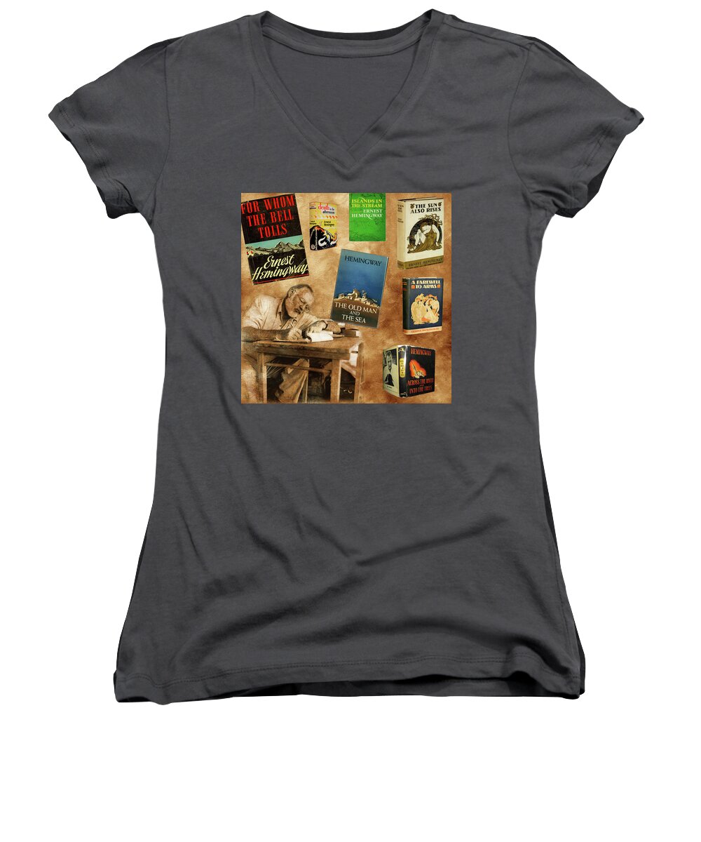 Ernest Hemingway Women's V-Neck featuring the photograph Ernest Hemingway Books 2 by Andrew Fare