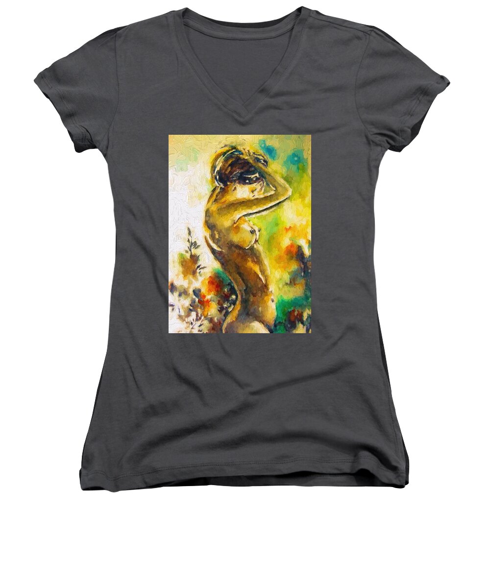 Nude Painting # Erotic Art # Erotic Painting # Seduction # Seductive # Temptation # Longing# Tenderness# Romantic # Affection # Beautiful # Watercolor # Women's V-Neck featuring the painting Erotic Female by Louis Ferreira