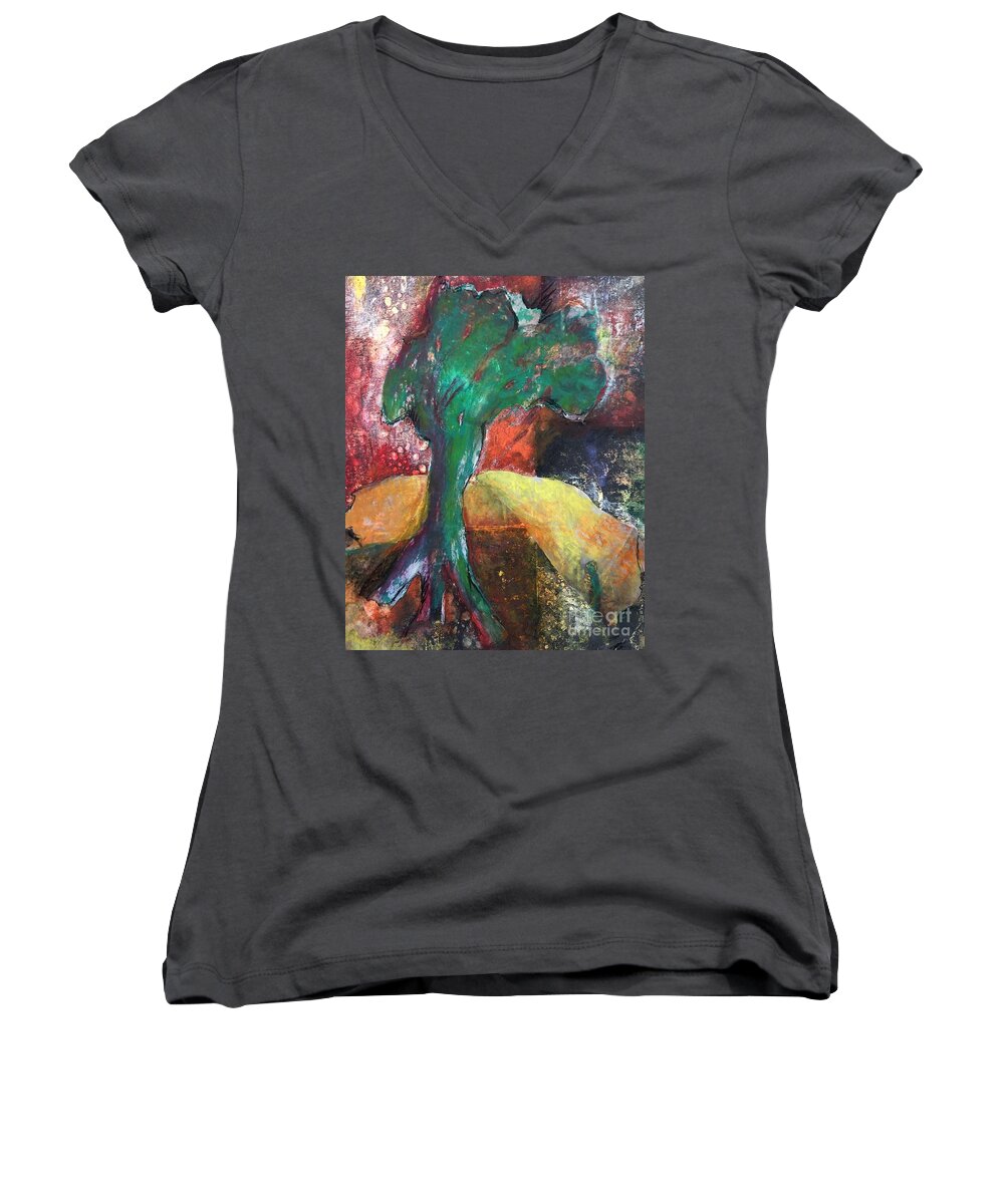 Abstract Tree Women's V-Neck featuring the painting Escaped the Blaze by Elizabeth Fontaine-Barr