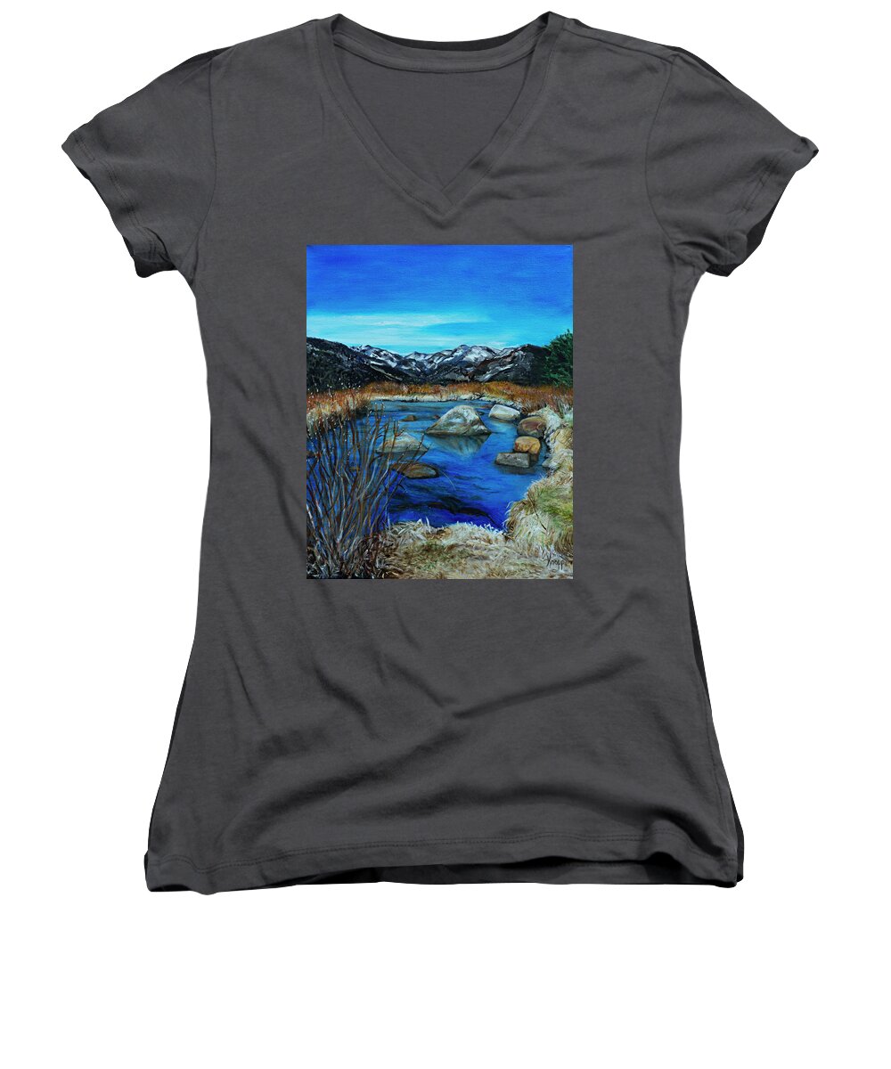 Rocky Mountain Park Women's V-Neck featuring the painting Estes Park by Kathy Knopp