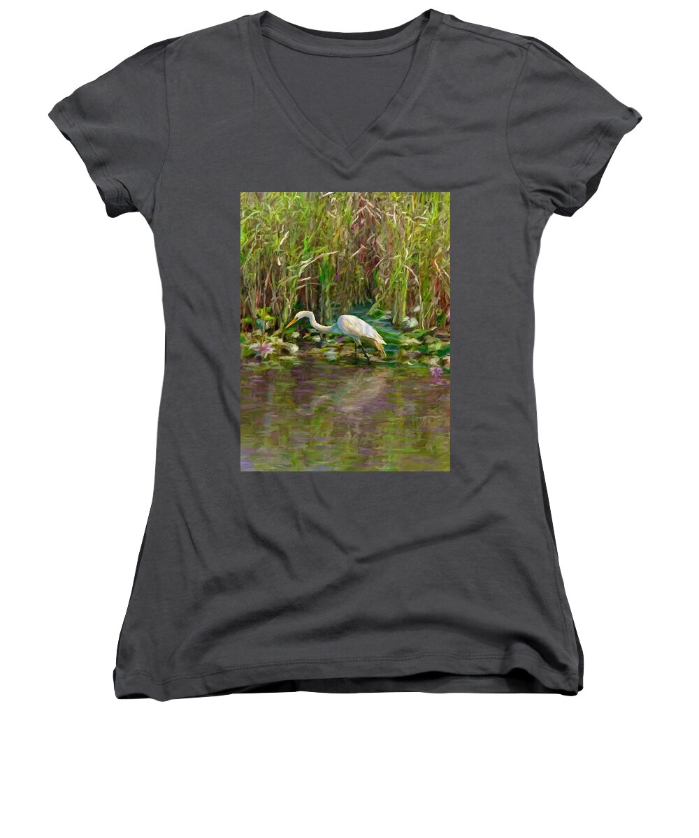 Everglades Women's V-Neck featuring the painting Everglades Hunter by David Van Hulst