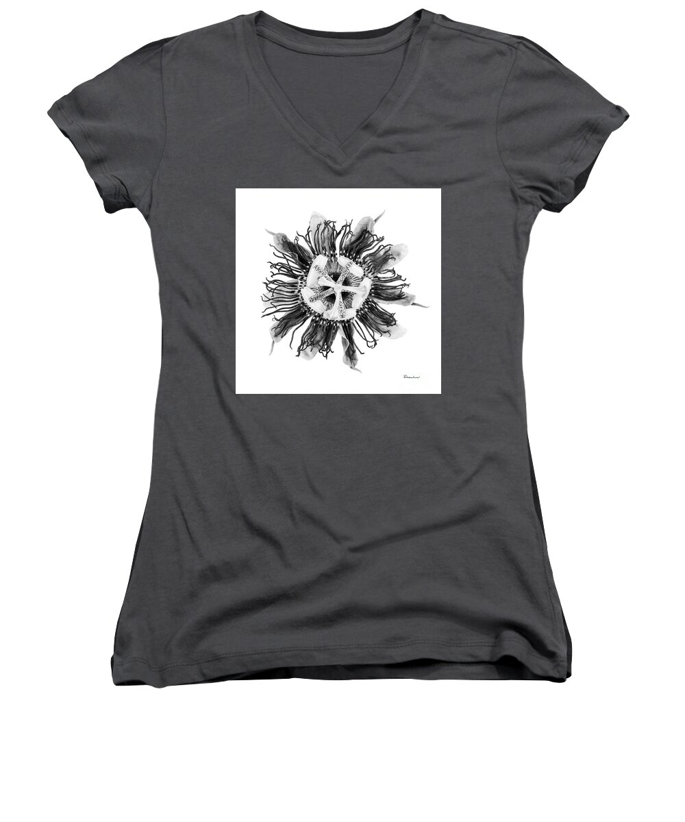 Expressive Women's V-Neck featuring the photograph Expressive Passion Flower in Grayscale 50674G by Ricardos Creations