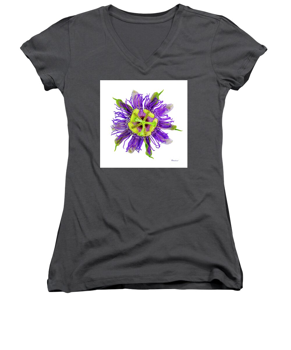 Expressive Women's V-Neck featuring the photograph Expressive Yellow Green and Violet Passion Flower 50674A by Ricardos Creations