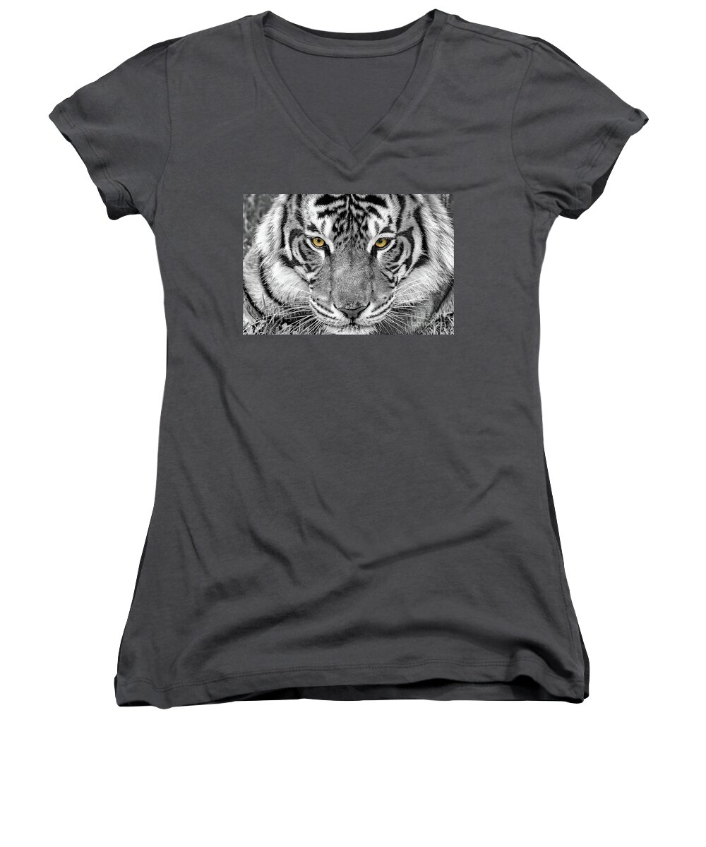 Artistic Women's V-Neck featuring the digital art Eye of the tiger by Ray Shiu