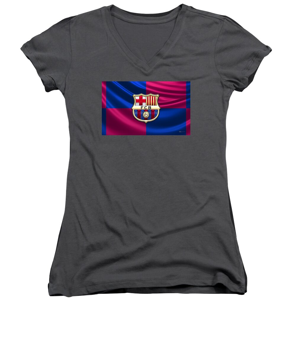 Art Women's V-Neck featuring the photograph F. C. Barcelona - 3D Badge over Flag by Serge Averbukh
