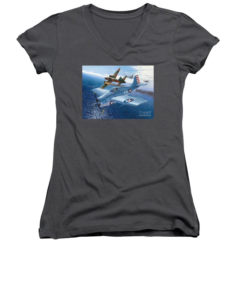 F4f Women's V-Neck featuring the painting F4F Wildcat - OHare Medal of Honor Mission by Stu Shepherd