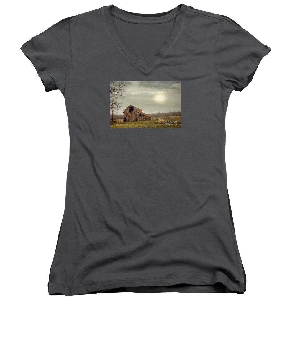 Barn Women's V-Neck featuring the photograph Faded Red Barn by Diane Enright