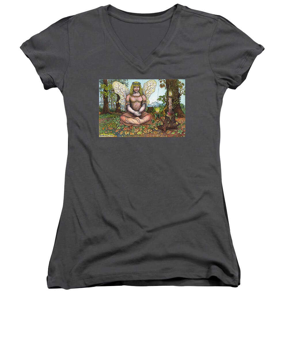 Fairy Women's V-Neck featuring the drawing Fairy Meditation Variation by Bill Perkins