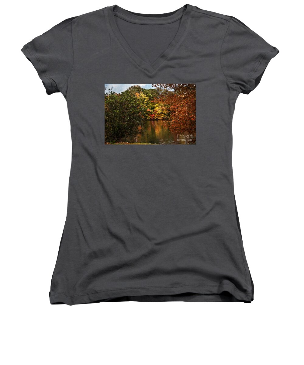 Fall Women's V-Neck featuring the photograph Fall At The Lake by Judy Wolinsky
