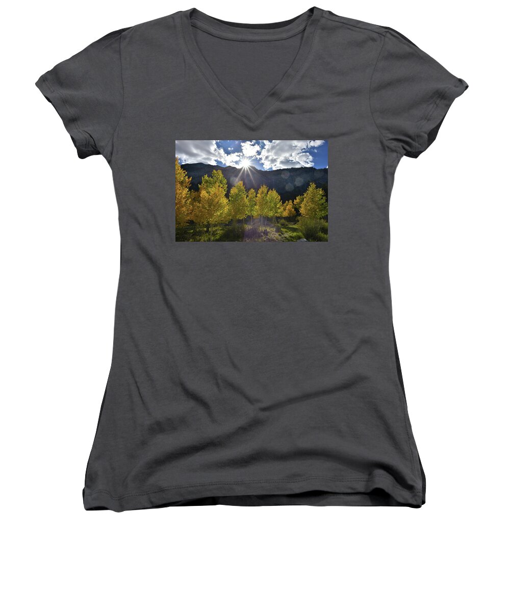 Humboldt-toiyabe National Forest Women's V-Neck featuring the photograph Fall Sun Setting Over Mt. Charleston by Ray Mathis