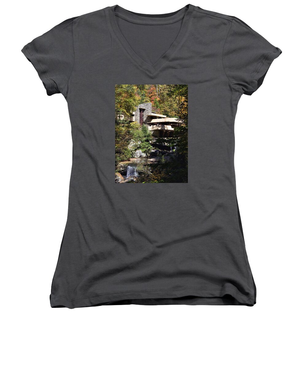Fallingwater Women's V-Neck featuring the photograph Fallingwater by Frank Lloyd Wright by Brendan Reals