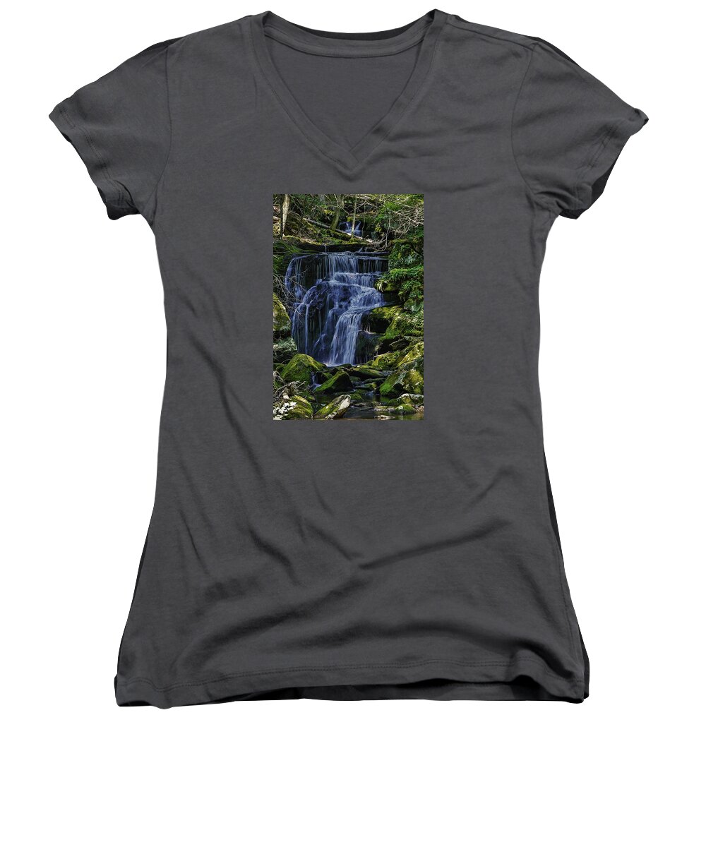 Stream Women's V-Neck featuring the photograph Falls in Vermont Mountain Stream by Vance Bell