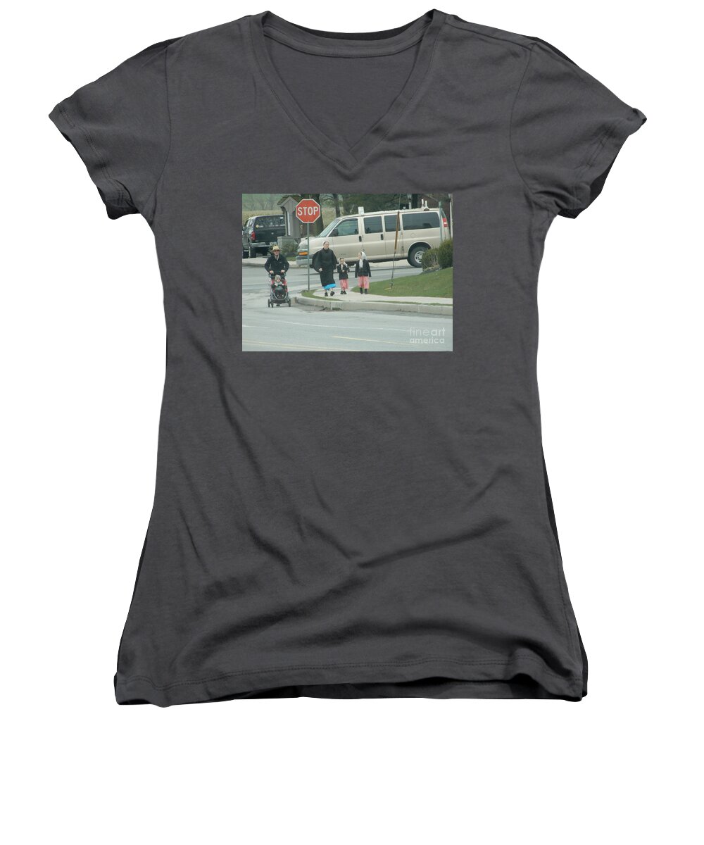 Amish Women's V-Neck featuring the photograph Family Walk by Christine Clark