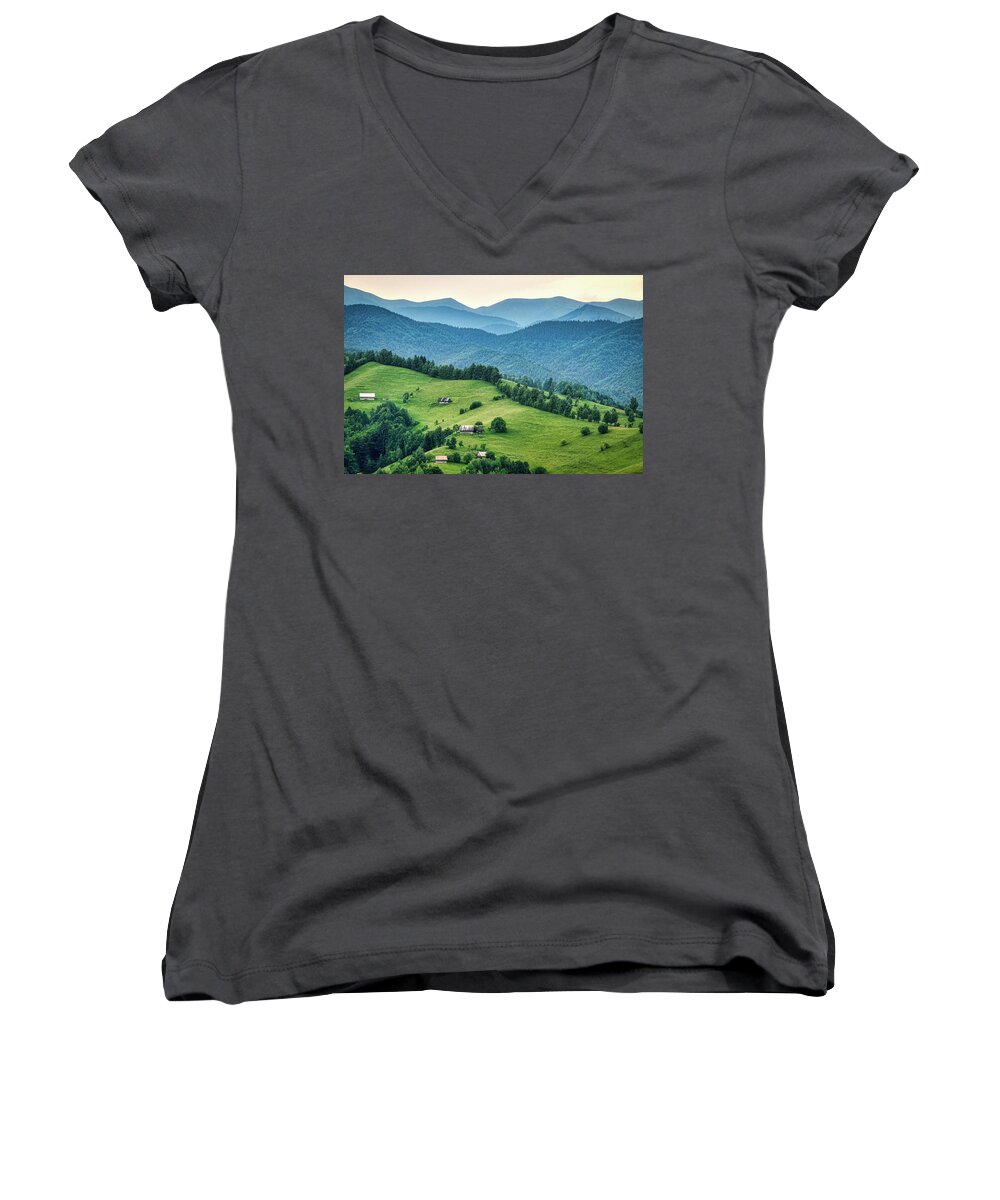 Bran Women's V-Neck featuring the photograph Farm in the Mountains - Romania by Stuart Litoff