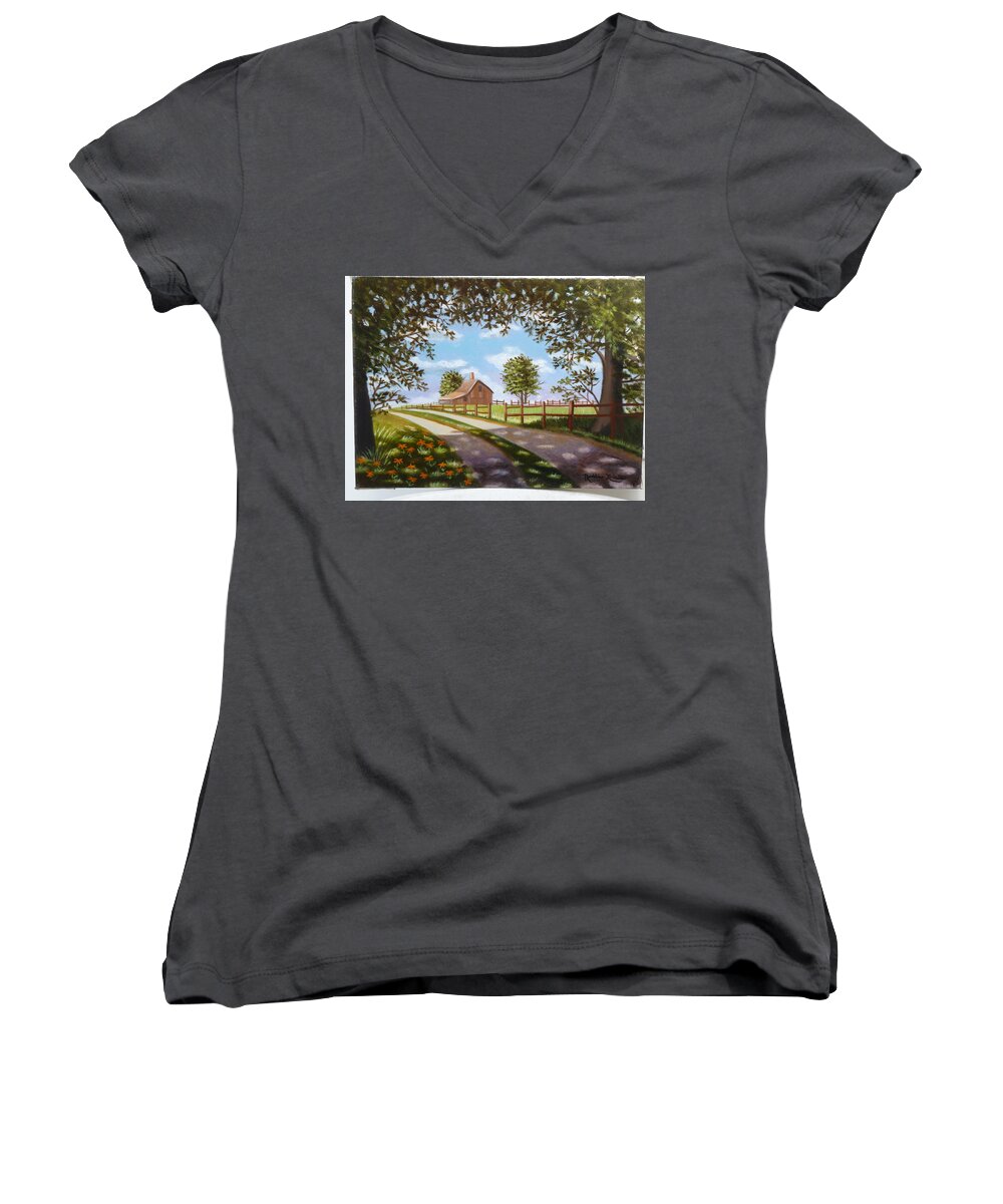 Farmhouse Women's V-Neck featuring the painting Farmhouse Framed By Trees by Madeline Lovallo