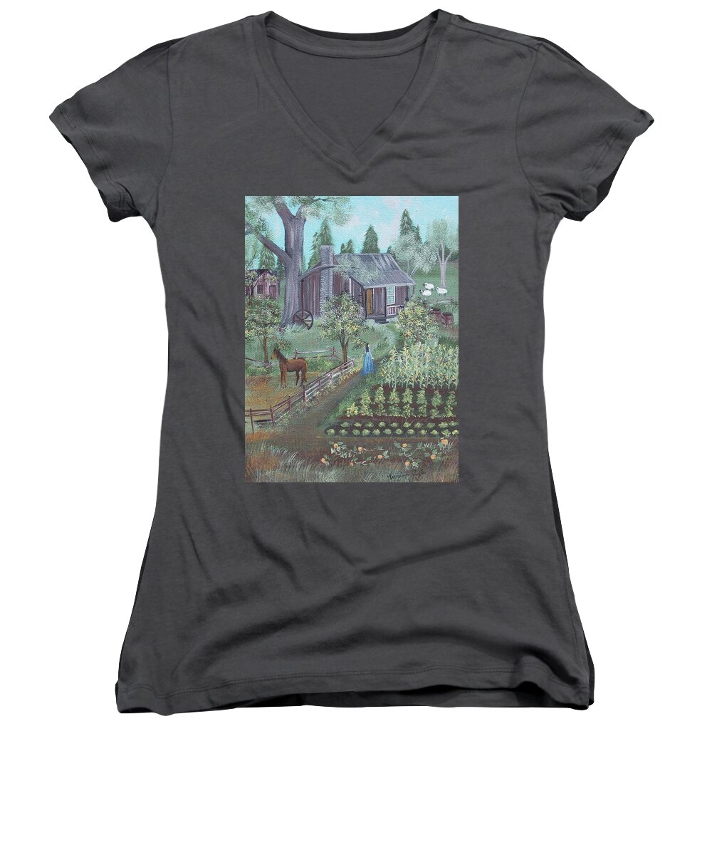 Grandma Moses Women's V-Neck featuring the painting Farmstead by Virginia Coyle