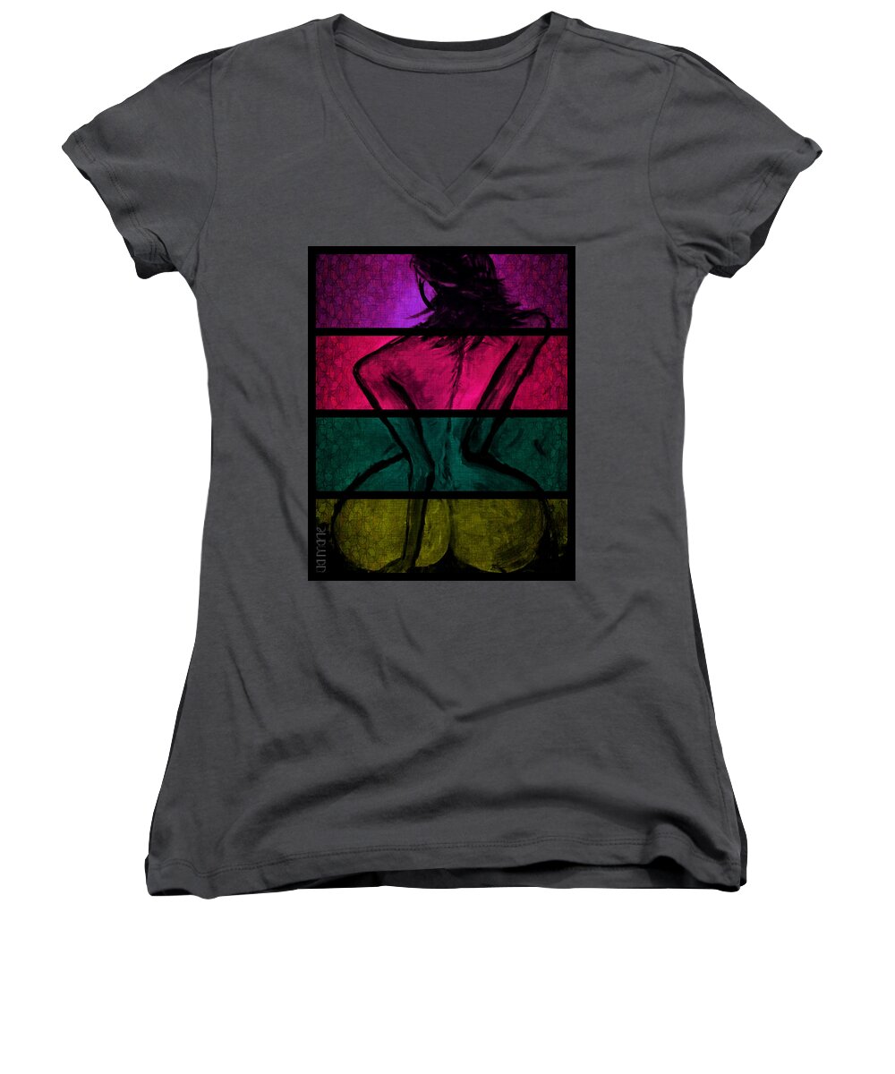 Woman Women's V-Neck featuring the painting Fat Bottom Girl by Tia McDermid