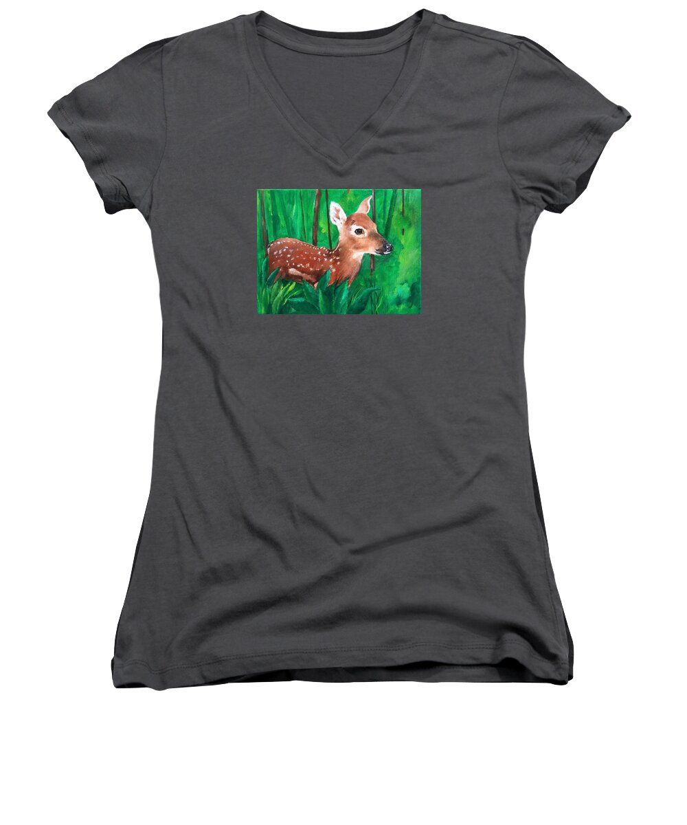 Fawn Women's V-Neck featuring the painting Fawn by Ellen Canfield
