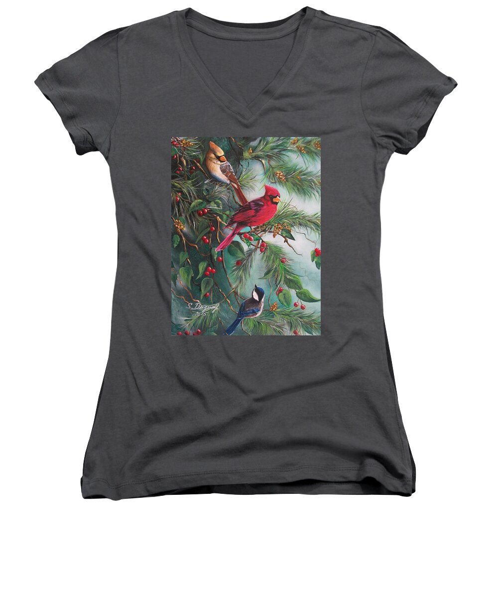 Red Bird Women's V-Neck featuring the painting Feathered Friends by Sharon Duguay