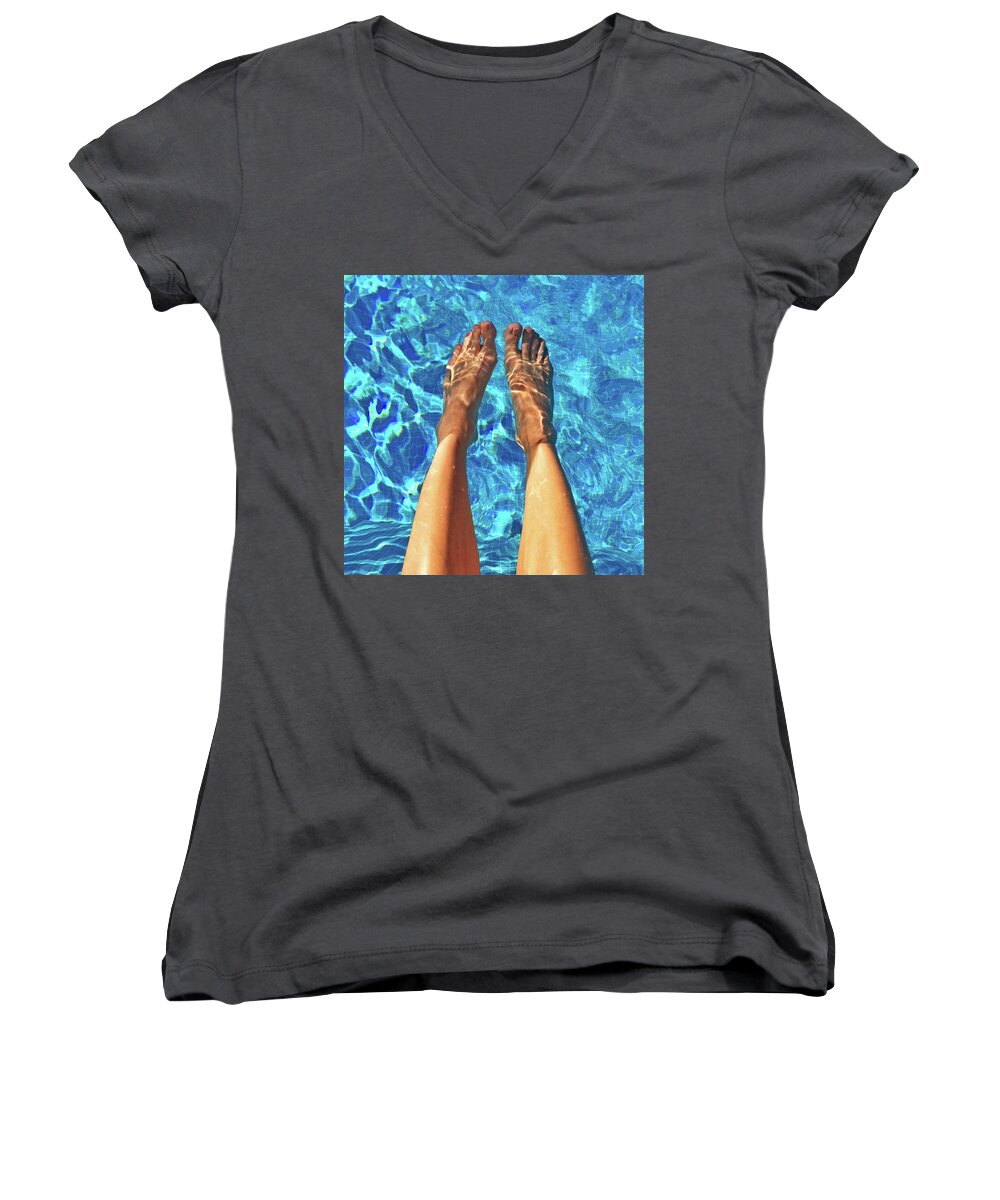 Foot Women's V-Neck featuring the photograph Female feet in blue water by GoodMood Art