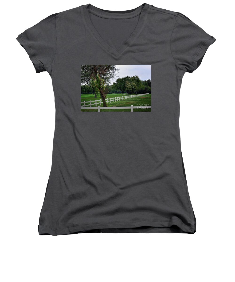 Frank J Casella Women's V-Neck featuring the photograph Fence on the Wooded Green by Frank J Casella