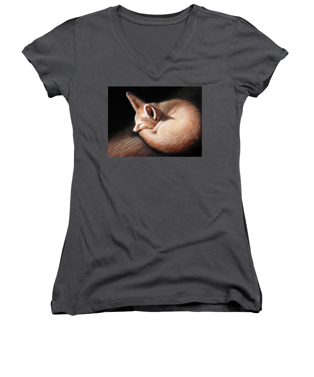 Fox Women's V-Neck featuring the painting Fennec Fox by Linda Merchant