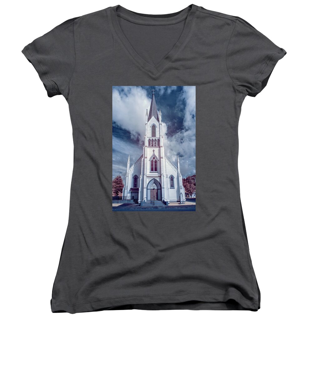Ferndale Women's V-Neck featuring the photograph Ferndale Church in Infrared by Greg Nyquist