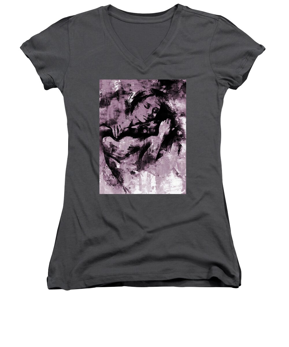 Fiddle Player Women's V-Neck featuring the painting Fiddle Playing 03 by Gull G