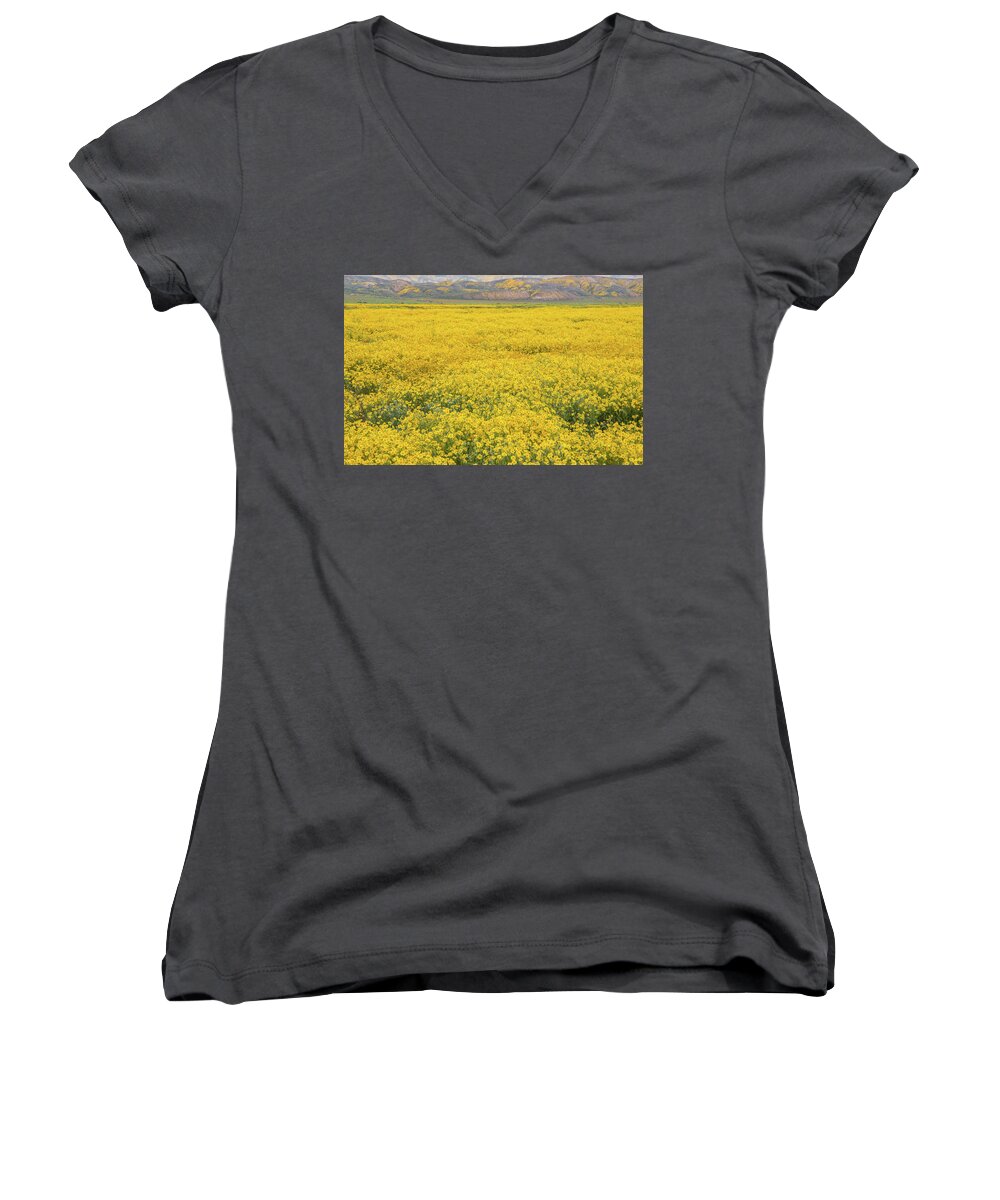 California Women's V-Neck featuring the photograph Field of Goldfields by Marc Crumpler