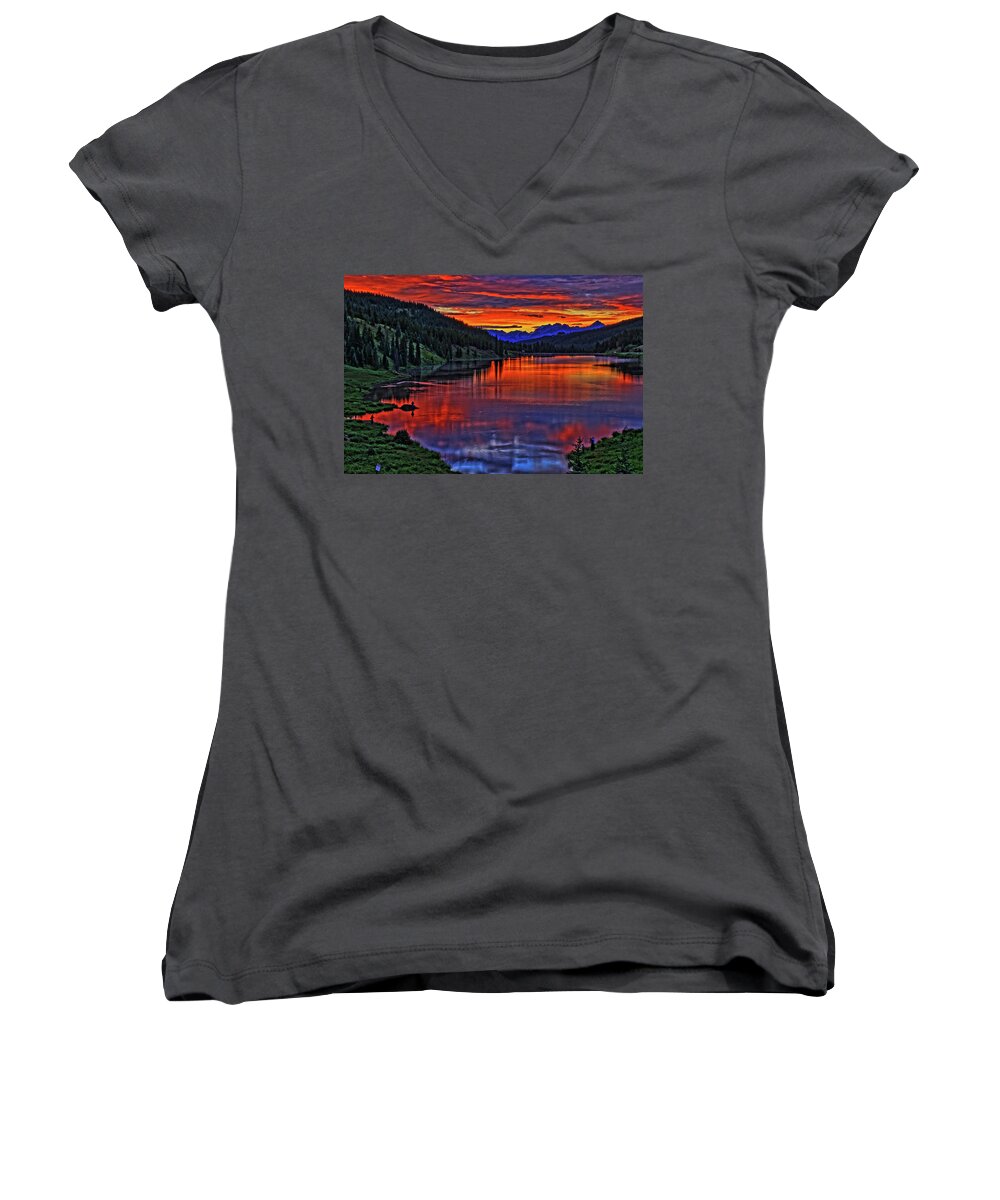 Colorado Women's V-Neck featuring the photograph Fiery Lake by Scott Mahon