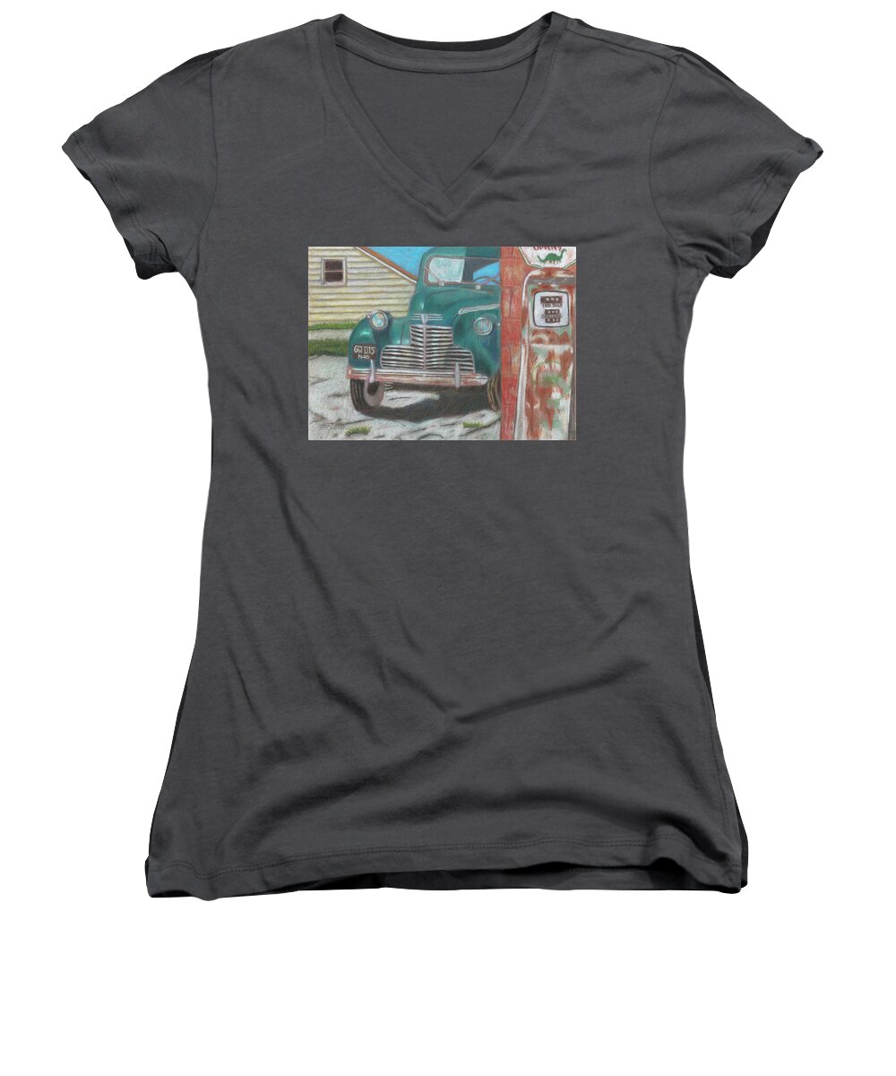 Buick Women's V-Neck featuring the painting Fill 'Er Up by Arlene Crafton