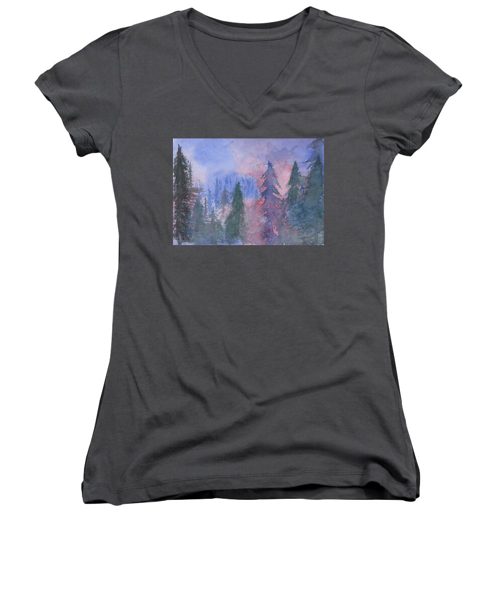 Forest Women's V-Neck featuring the painting Fire on the Mountain by Victor Vosen