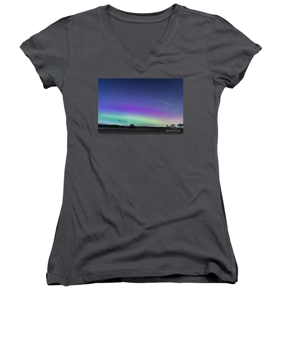 Aurora Women's V-Neck featuring the photograph Fireball One Over the Farm by Patrick Fennell