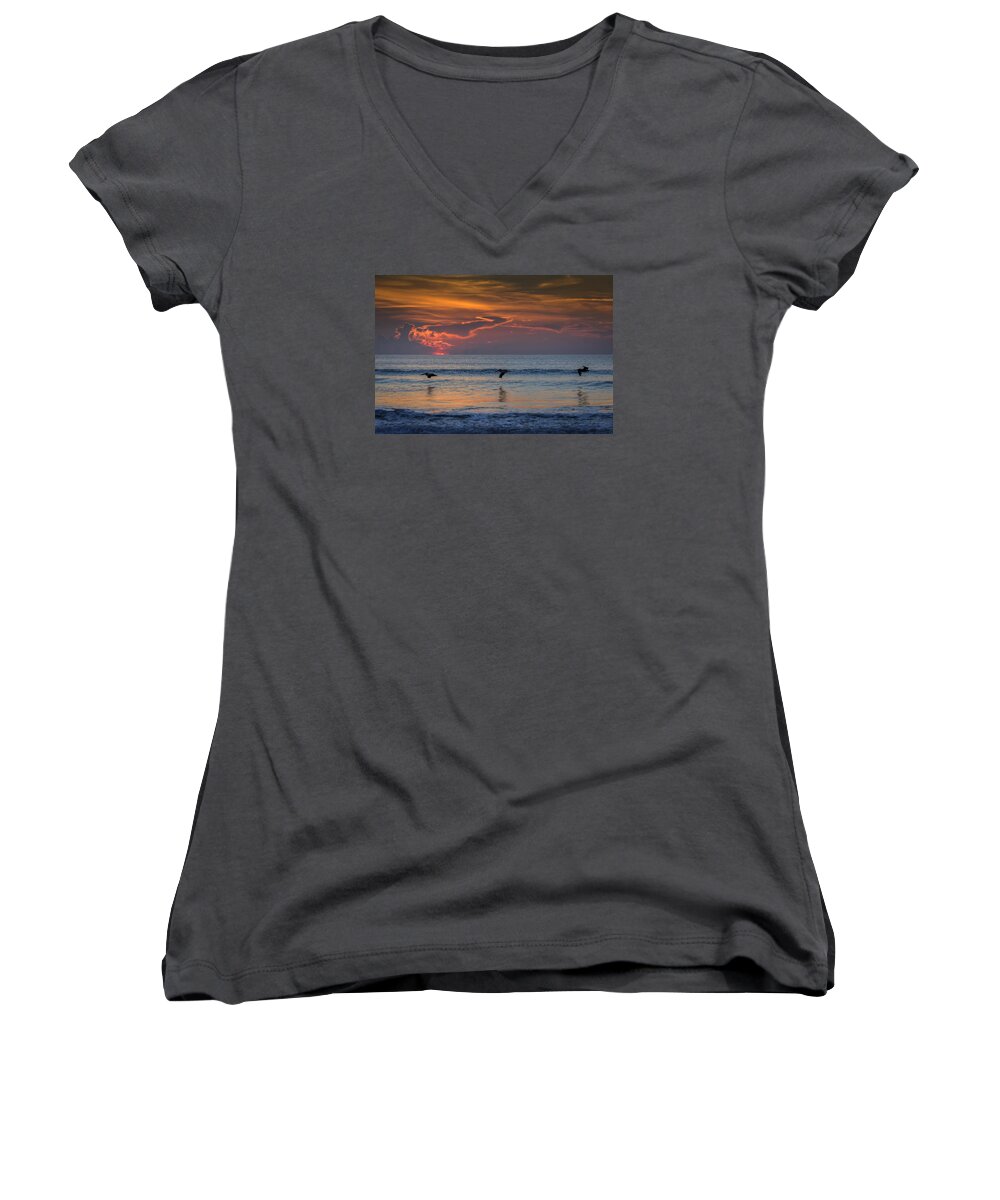 Sunrise Women's V-Neck featuring the photograph First Flight First Light by Steven Sparks