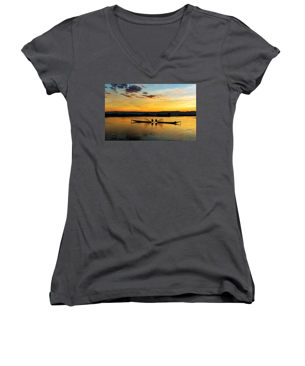 Travel Women's V-Neck featuring the photograph Fisherman on their boat by Pradeep Raja Prints
