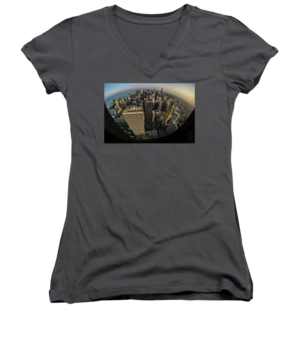 Fisheye Women's V-Neck featuring the photograph Fisheye view of Dowtown Chicago from above by Sven Brogren