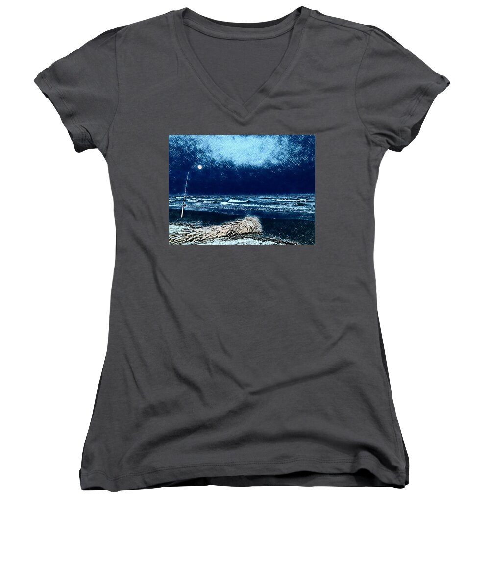 Fishing Women's V-Neck featuring the photograph Fishing for the Moon by Sherry Kuhlkin